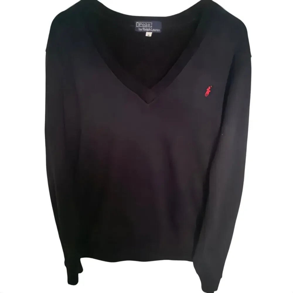 Polo Ralph Lauren Men's M Black V-Neck Sweater with Red Pony Logo